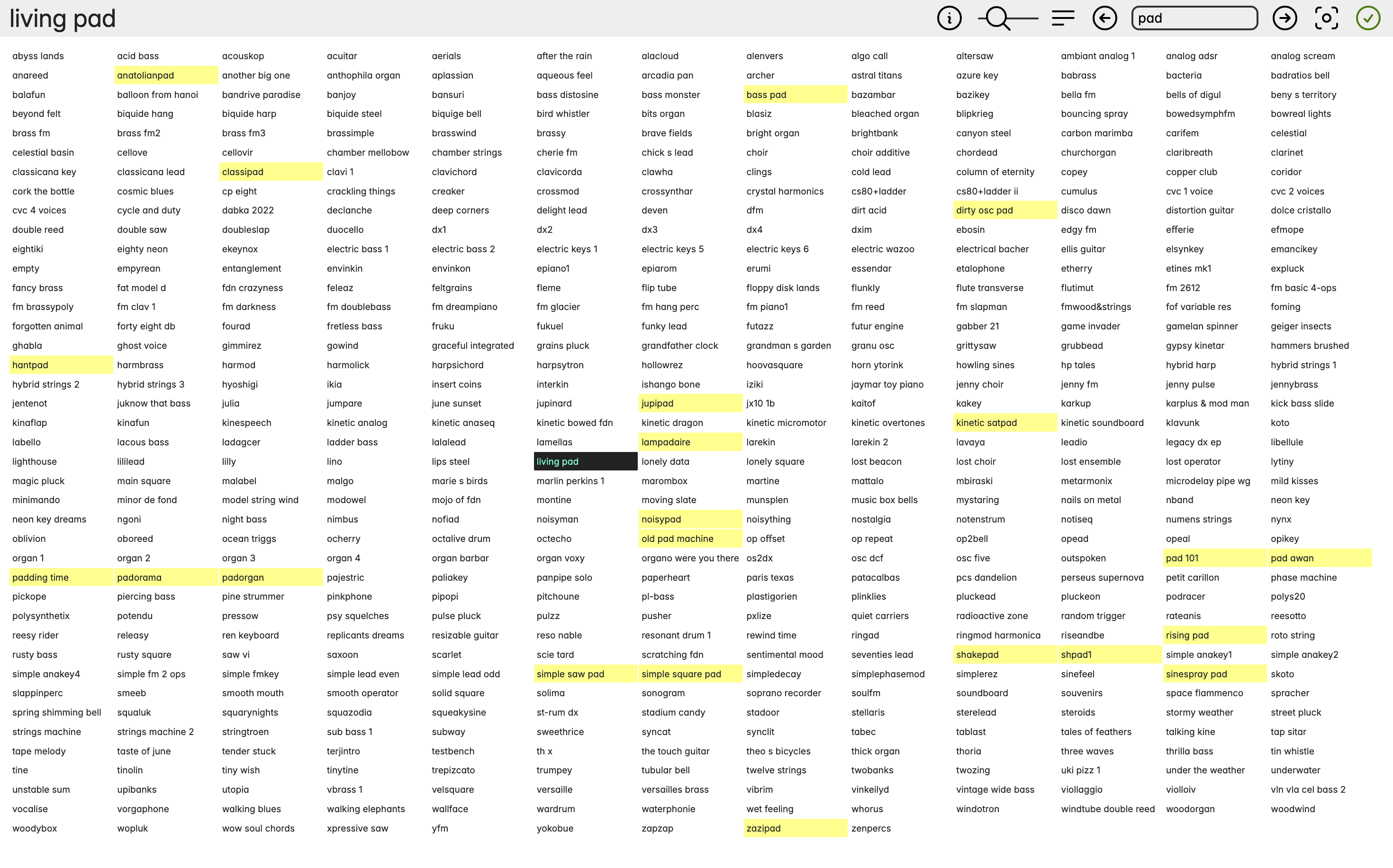 filtered preset list by 'pad'